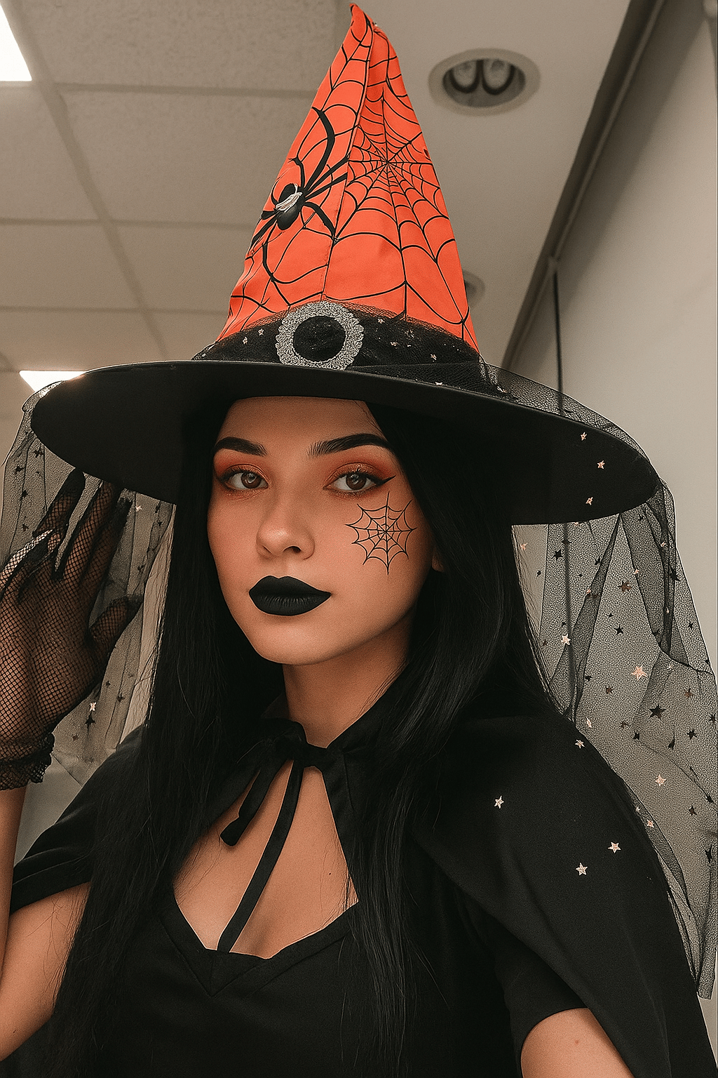Hallowen Cadılar Bayramı Cadı Şapkası Tokalı Tüllü Turuncu Siyah Örümcek ve Ağ Desenli Korku Şapkası