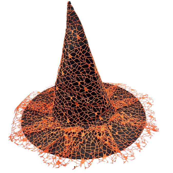 Hallowen Cadılar Bayramı Cadı Şapkası Güpürlü Örümcek Ağlı Siyah-Turuncu  Kafa çap 22cm x Uzunluk 32cm Korku