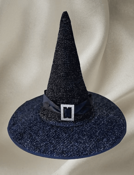 Hallowen -Cadılar Bayramı Cadı Şapkası Tokalı Kemerli Simli Siyah Korku Kafa Ölçüsü 22cm Yükseklik 32cm