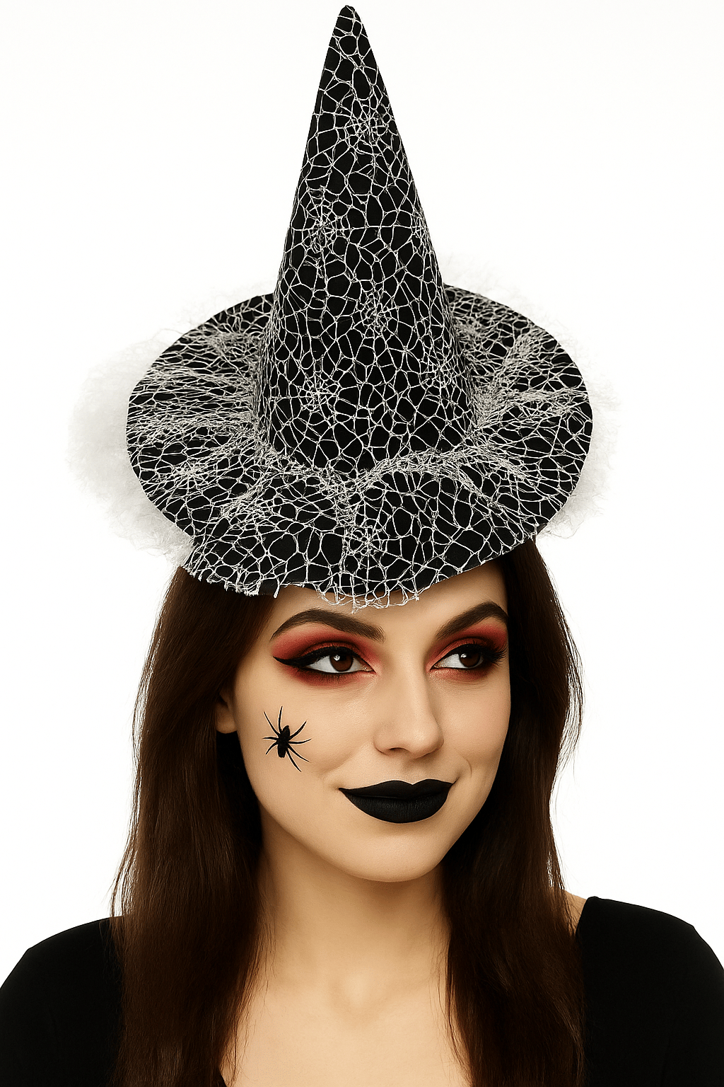 Hallowen Cadılar Bayramı Cadı Şapkası Güpürlü  Örümcek Ağlı Siyah-Beyaz  Kafa çap 22cm x Uzunluk 32cm Korku 