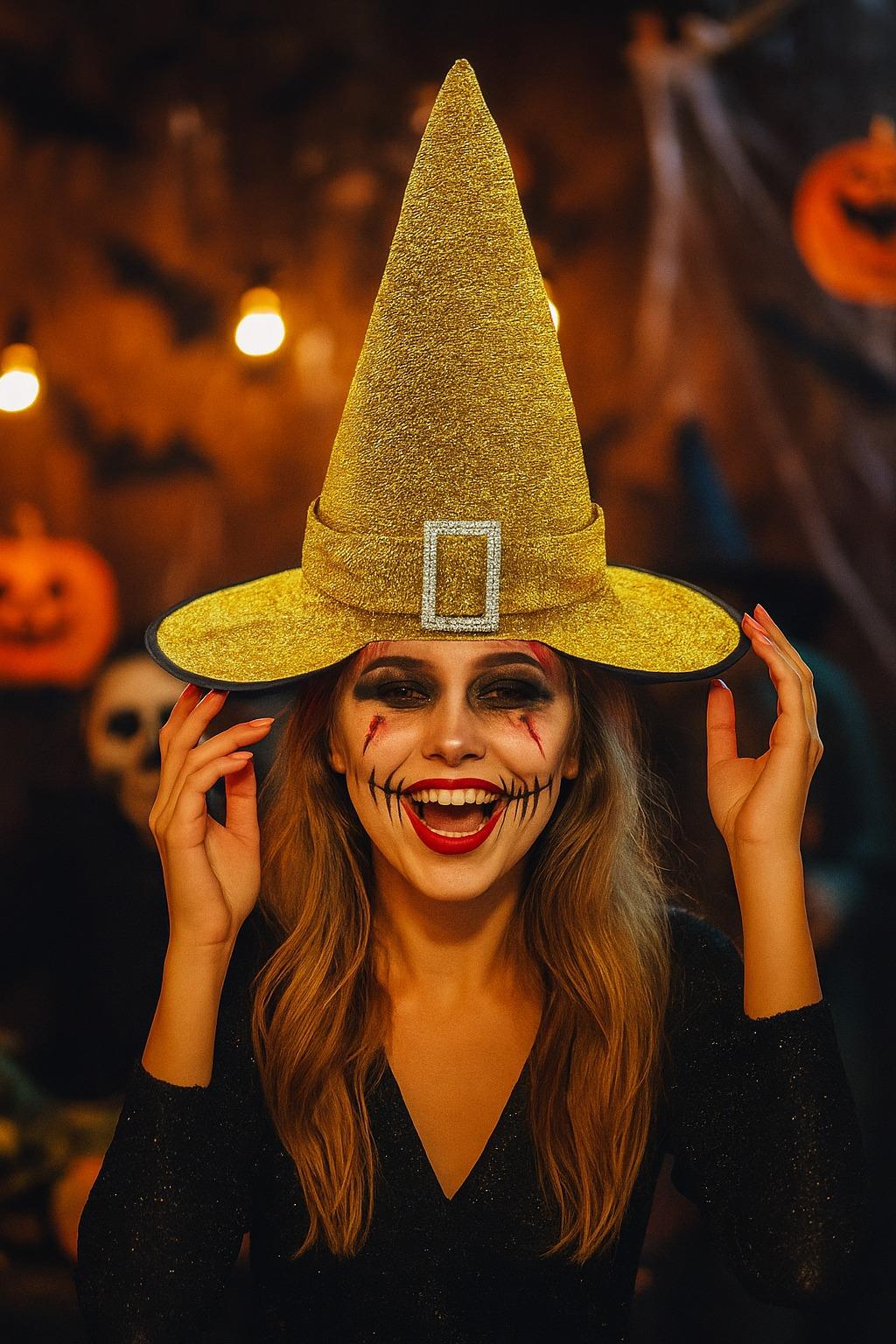 Hallowen -Cadılar Bayramı Cadı Şapkası Tokalı Kemerli Simli Gold-Altın Korku Kafa Ölçüsü 22cm Yükseklik 32cm