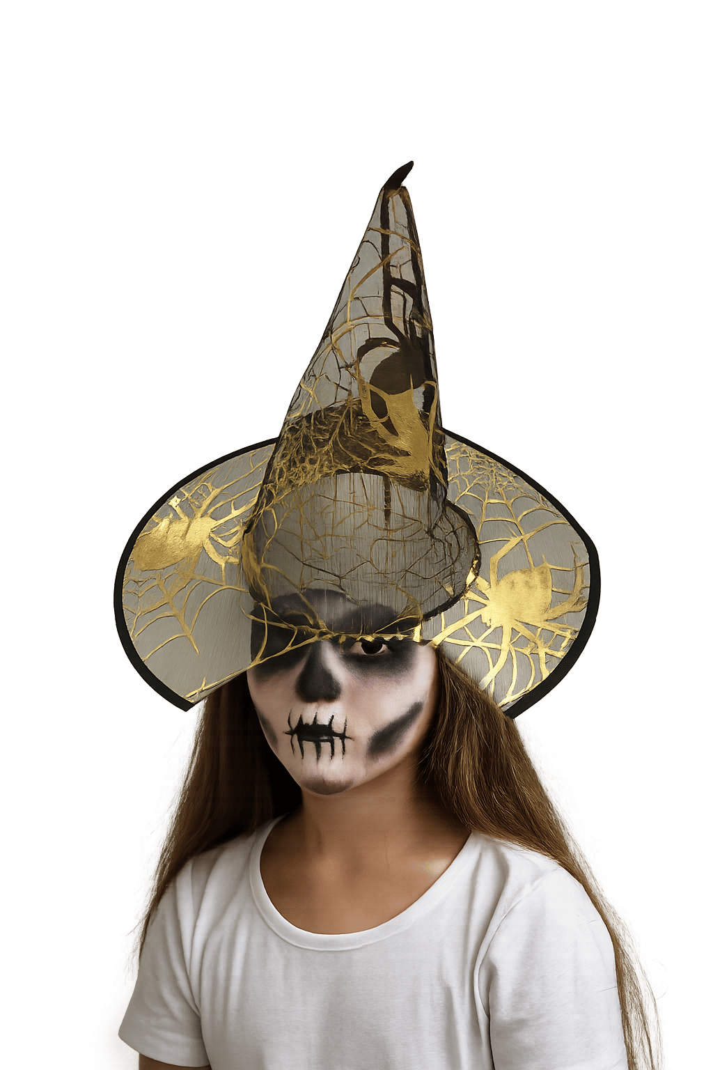 Hallowen -Cadılar Bayramı Cadı Şapkası Örümcek Desenli Transparan Gold-Kafa Çap 22cm uzunluk 32cm
