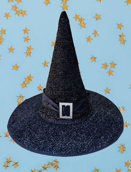 Hallowen -Cadılar Bayramı Cadı Şapkası Tokalı Kemerli Simli Siyah Korku Kafa Ölçüsü 22cm Yükseklik 32cm