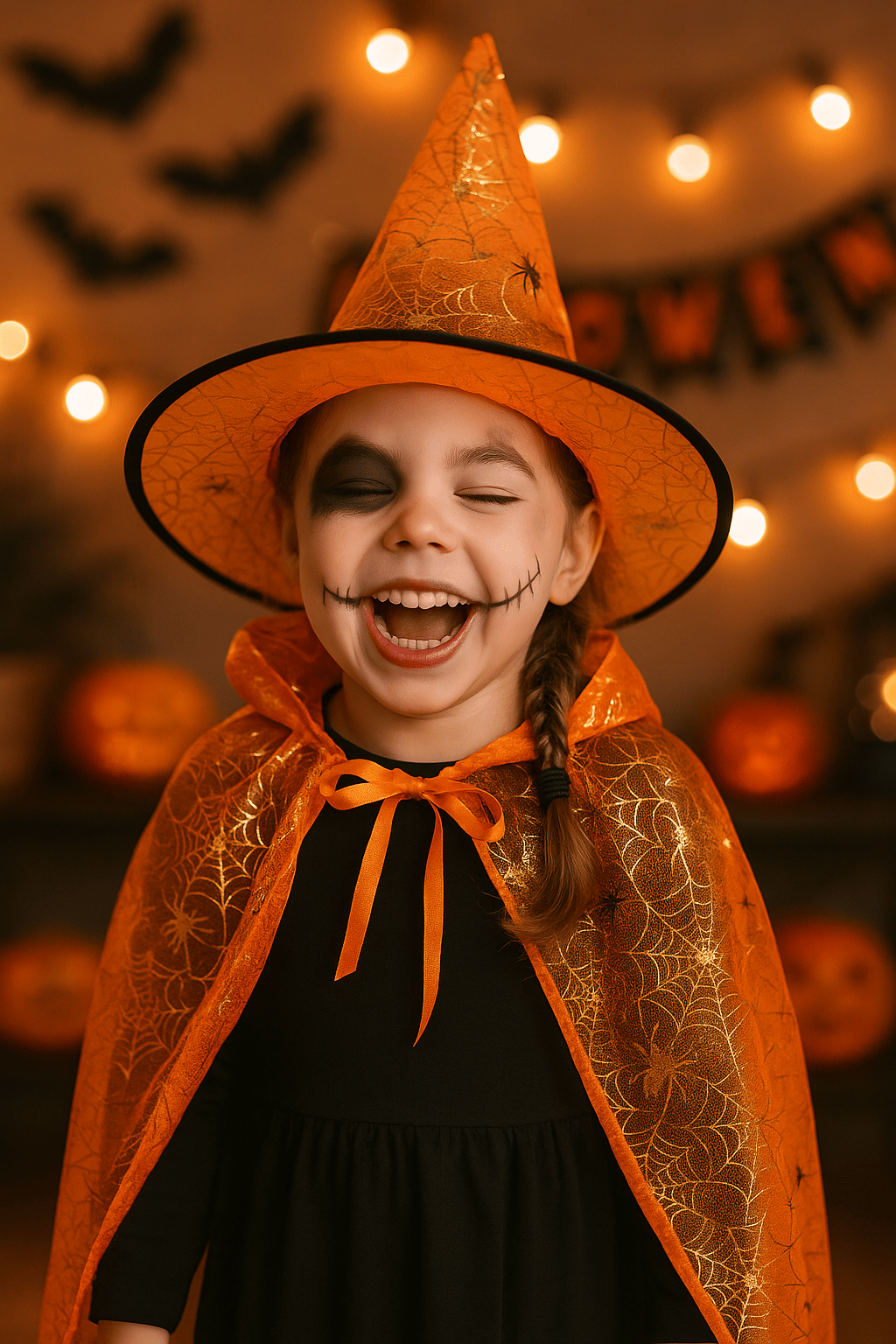 Hallowen Cadılar Bayramı Çocuk Pelerin ve Şapka Seti Turuncu Örümcek Ağlı Desenli