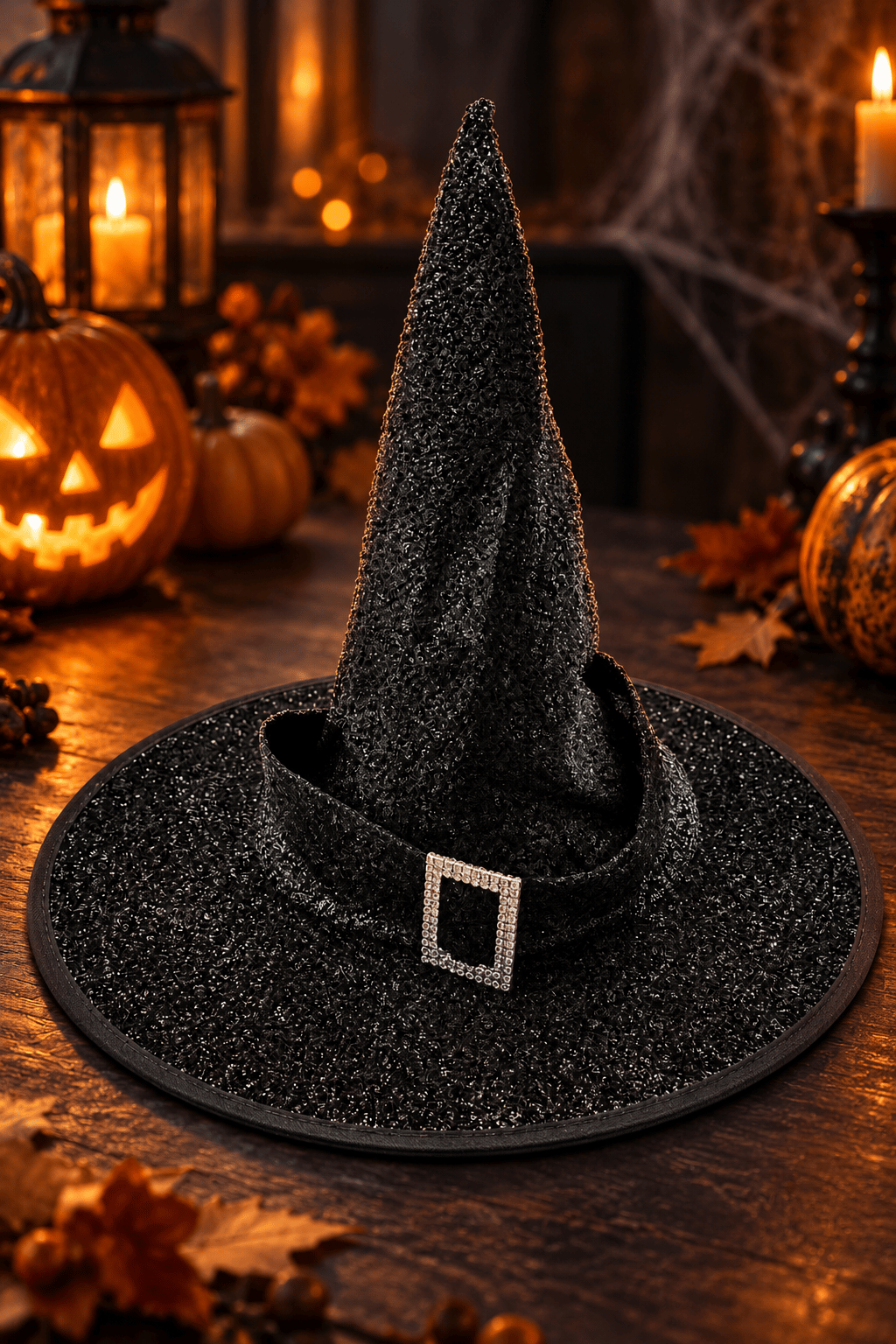Hallowen Siyah Simli Cadı Şapkası Tokalı Kemerli 32CM cadılar bayramı