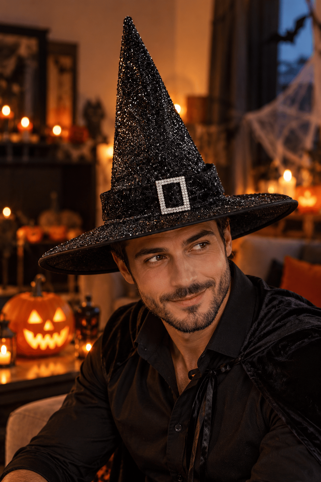 Hallowen Siyah Simli Cadı Şapkası Tokalı Kemerli 32CM cadılar bayramı