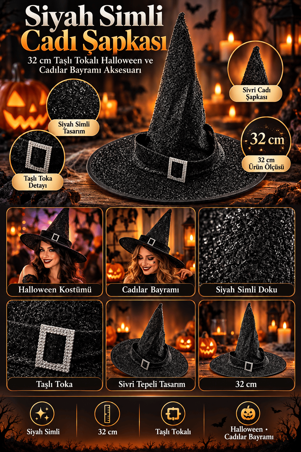 Hallowen Siyah Simli Cadı Şapkası Tokalı Kemerli 32CM cadılar bayramı