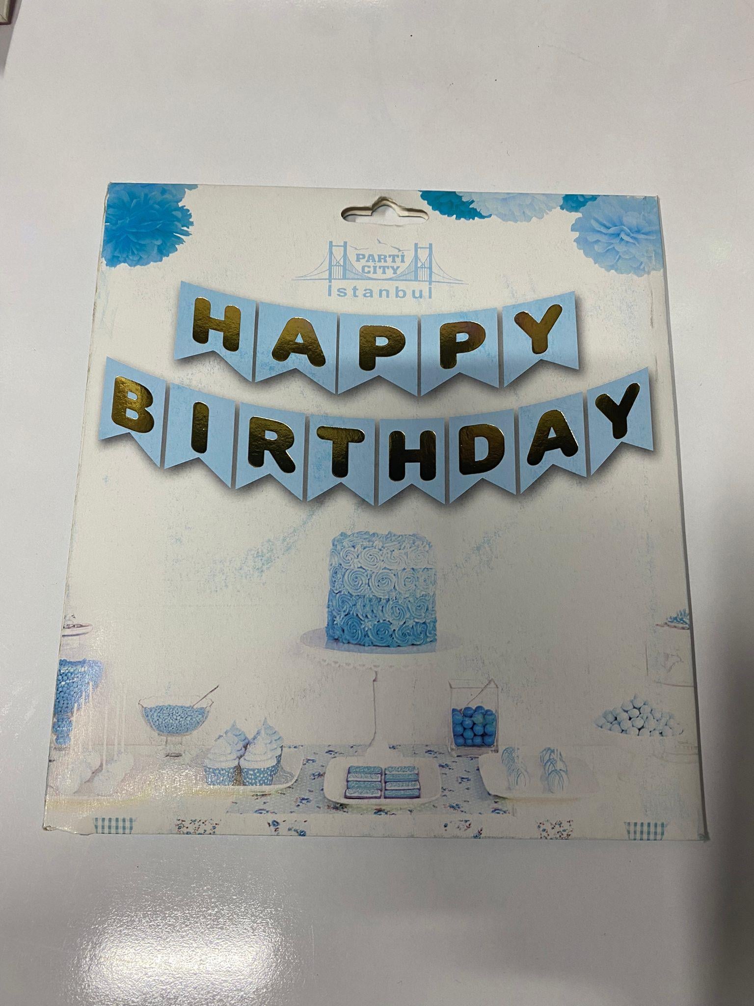 Happy Birthday Banner Mavi Renk Zemin üstüne yazısı Gold-Altın Varaklı Lüks Karton Doğum Günü Yazısı Flama