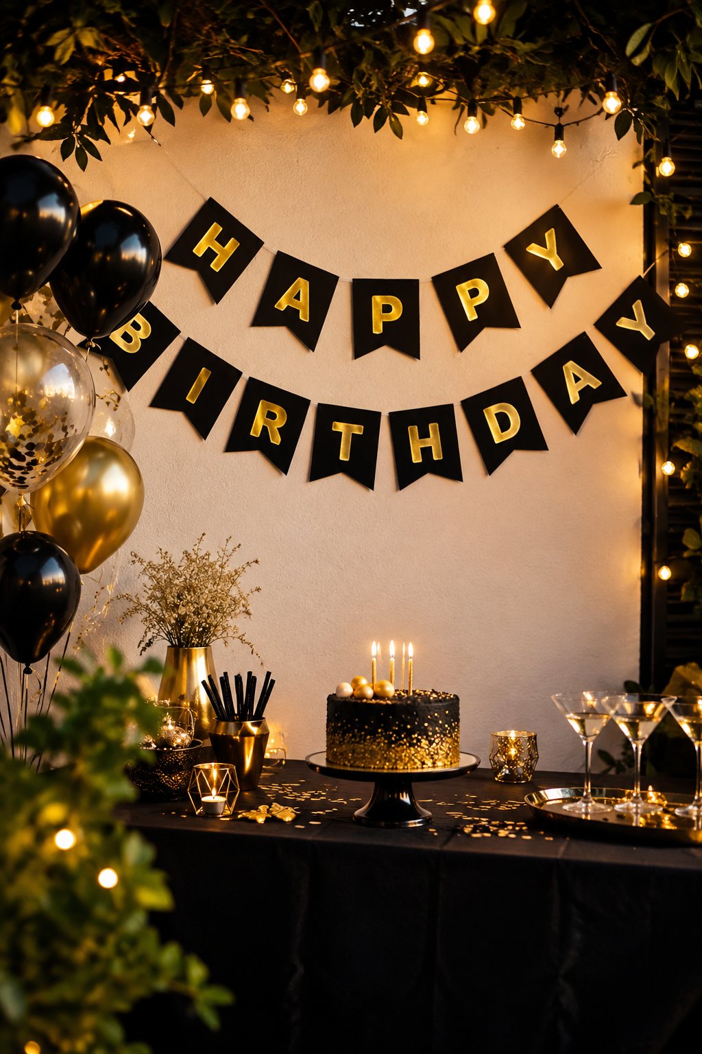 Happy Birthday Banner Siyah üstü GOLD yazılı
