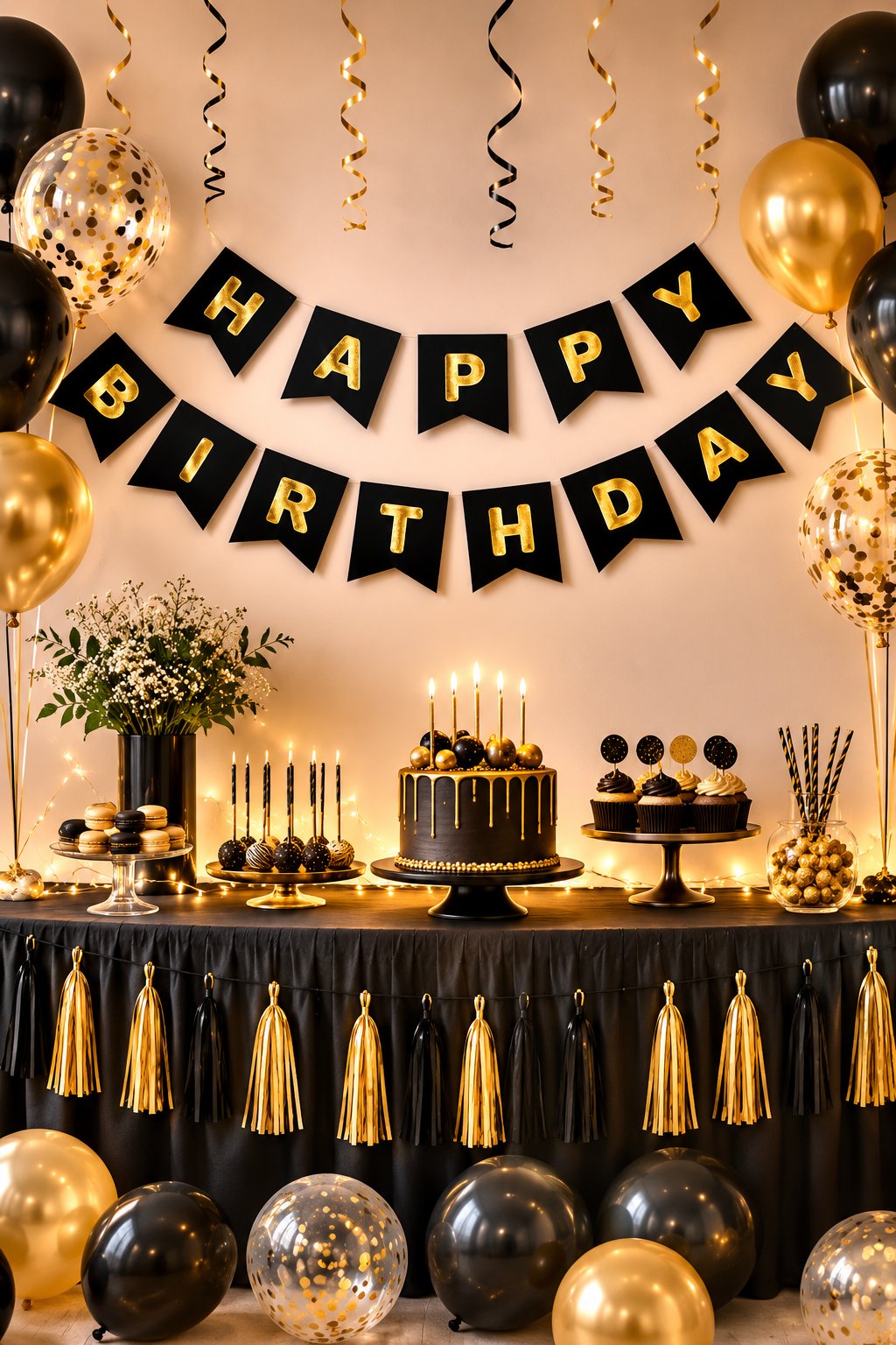 Happy Birthday Banner Siyah üstü GOLD yazılı