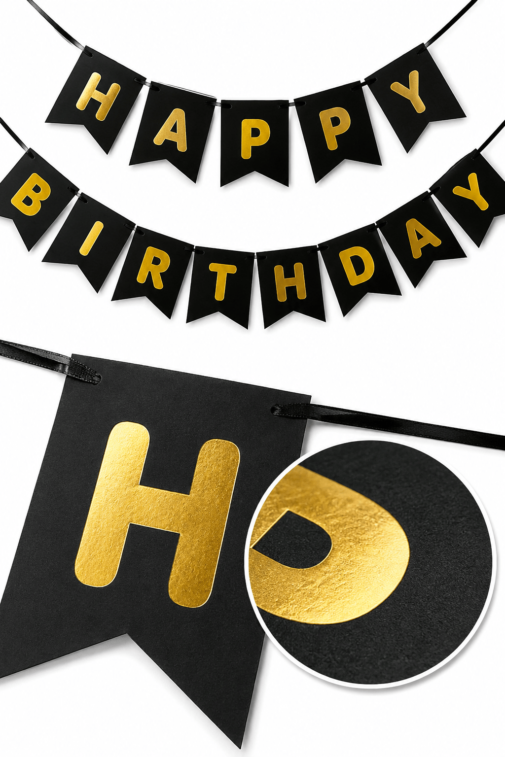 Happy Birthday Banner Siyah üstü GOLD yazılı