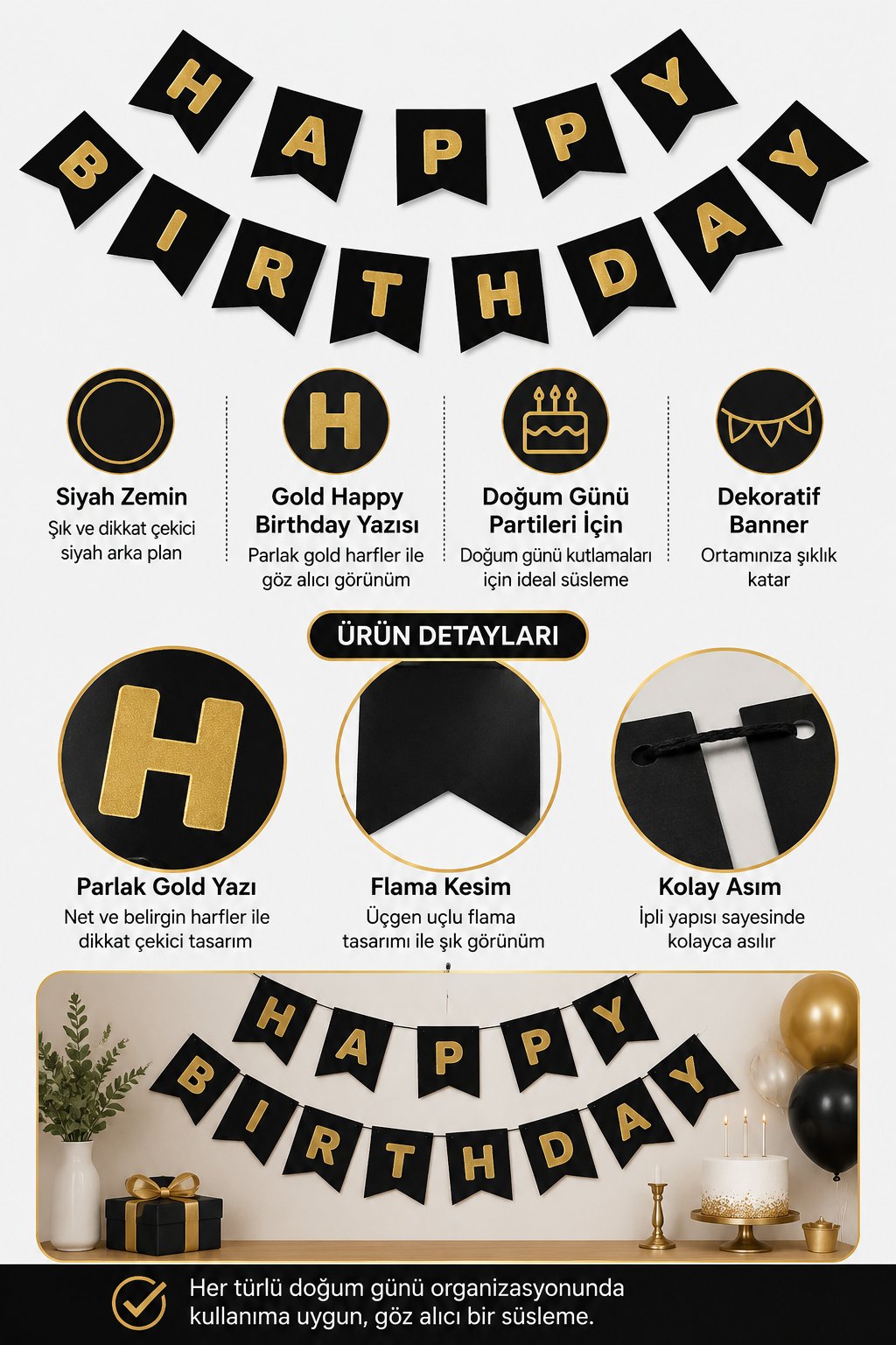 Happy Birthday Banner Siyah üstü GOLD yazılı