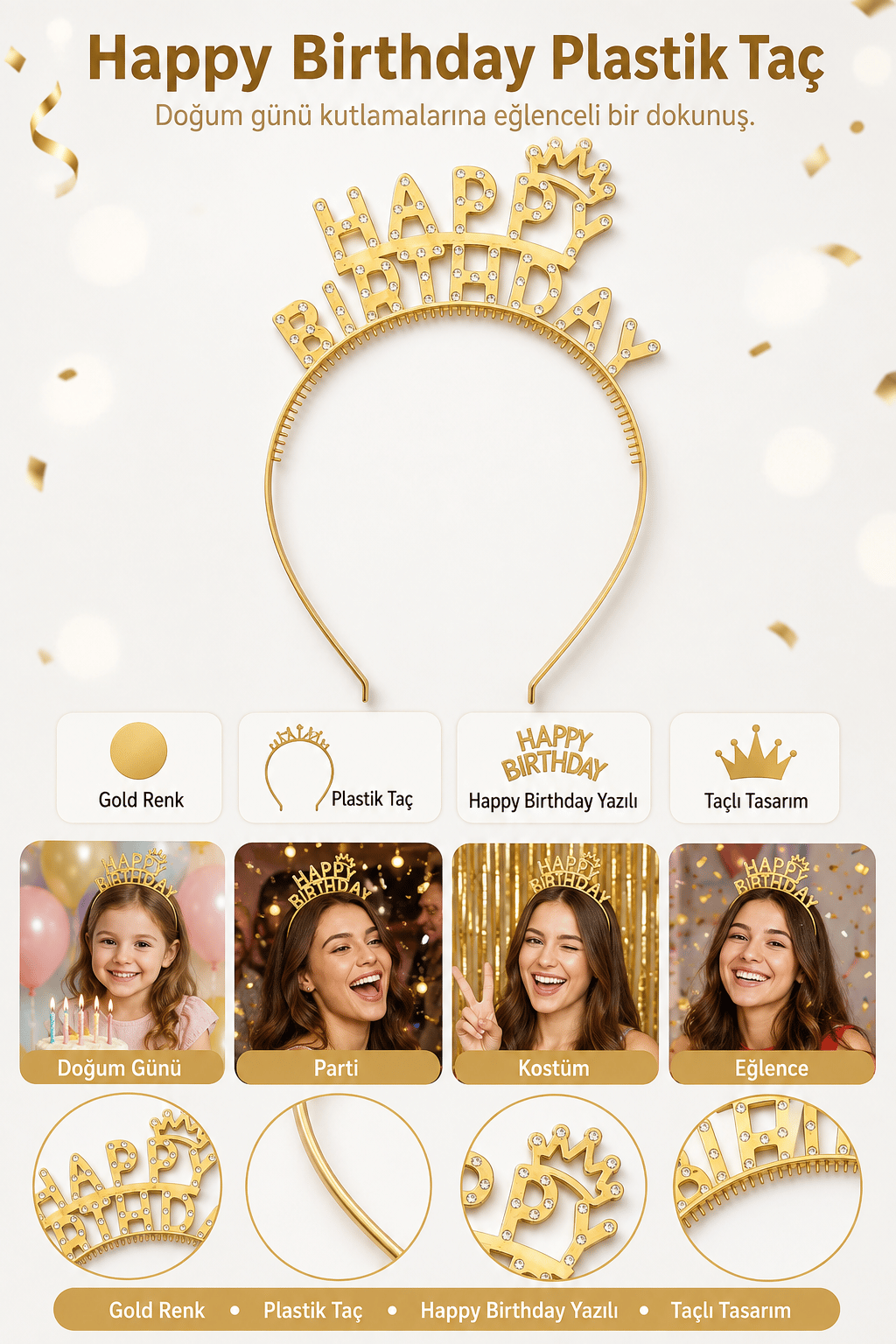 Happy Birthday Plastik Taç Gold Renk Taçlı Tasarım Doğum Günü Parti Kostüm Eğlence Aksesuarı