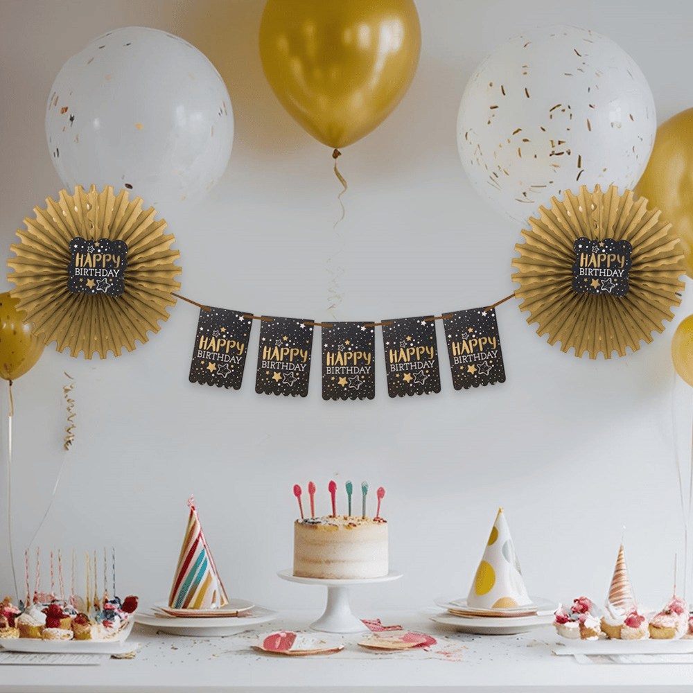 Happy Birthday yazılı 2 ucu Gold-Altın Yelpazeli  Afiş Doğum Günü Süsü