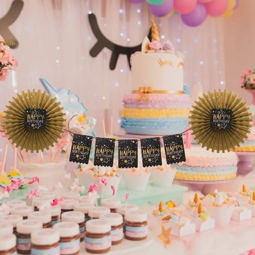 Happy Birthday yazılı 2 ucu Gold-Altın Yelpazeli  Afiş Doğum Günü Süsü