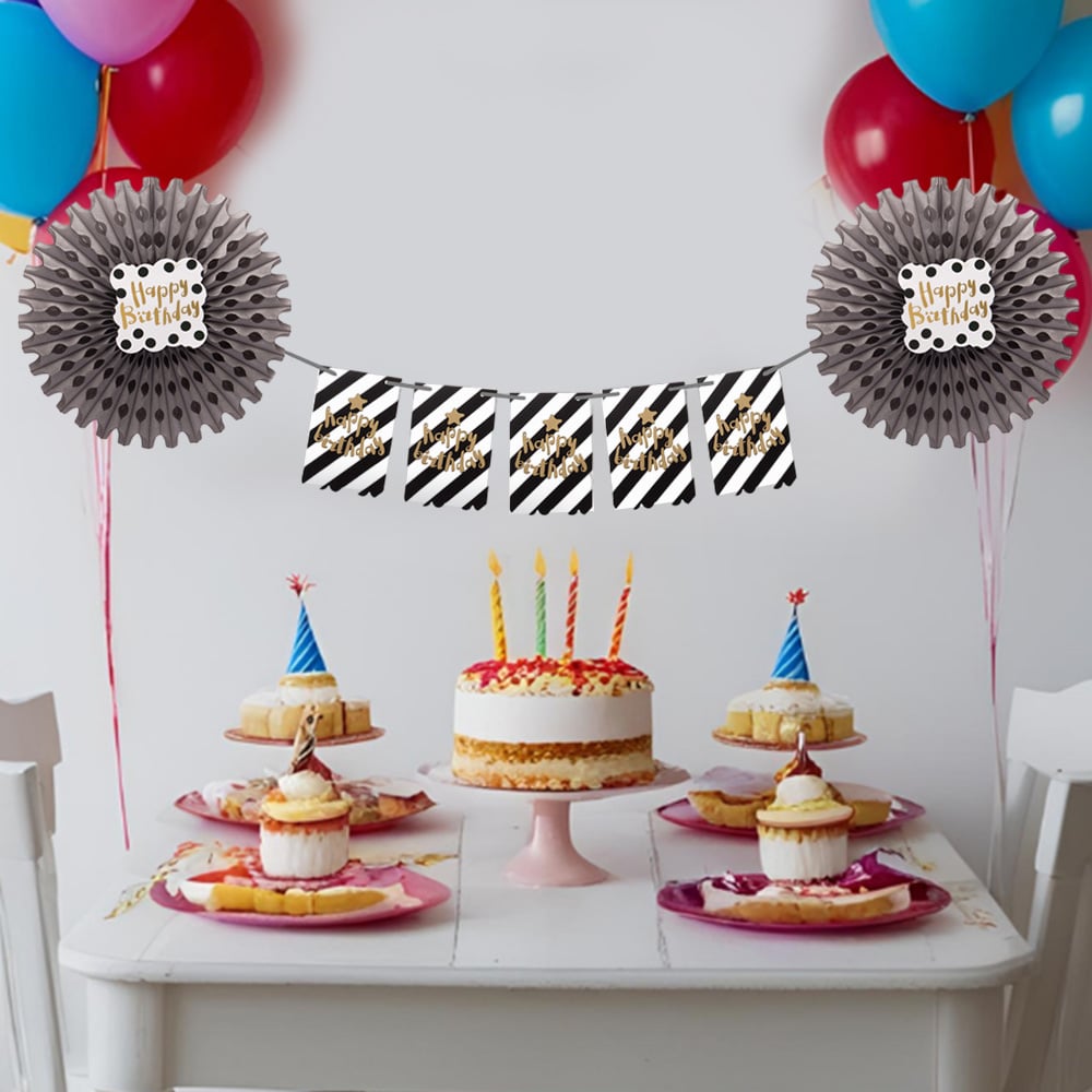 Happy Birthday yazılı 2 ucu Gümüş Yelpazeli  Afiş Doğum Günü Süsü