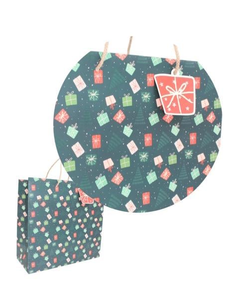 Hediyelik Karton Çanta B5 33cmx32cmx14cm  Yeşil Çam Ağaçlı Hediye Paketli Lüks desenler