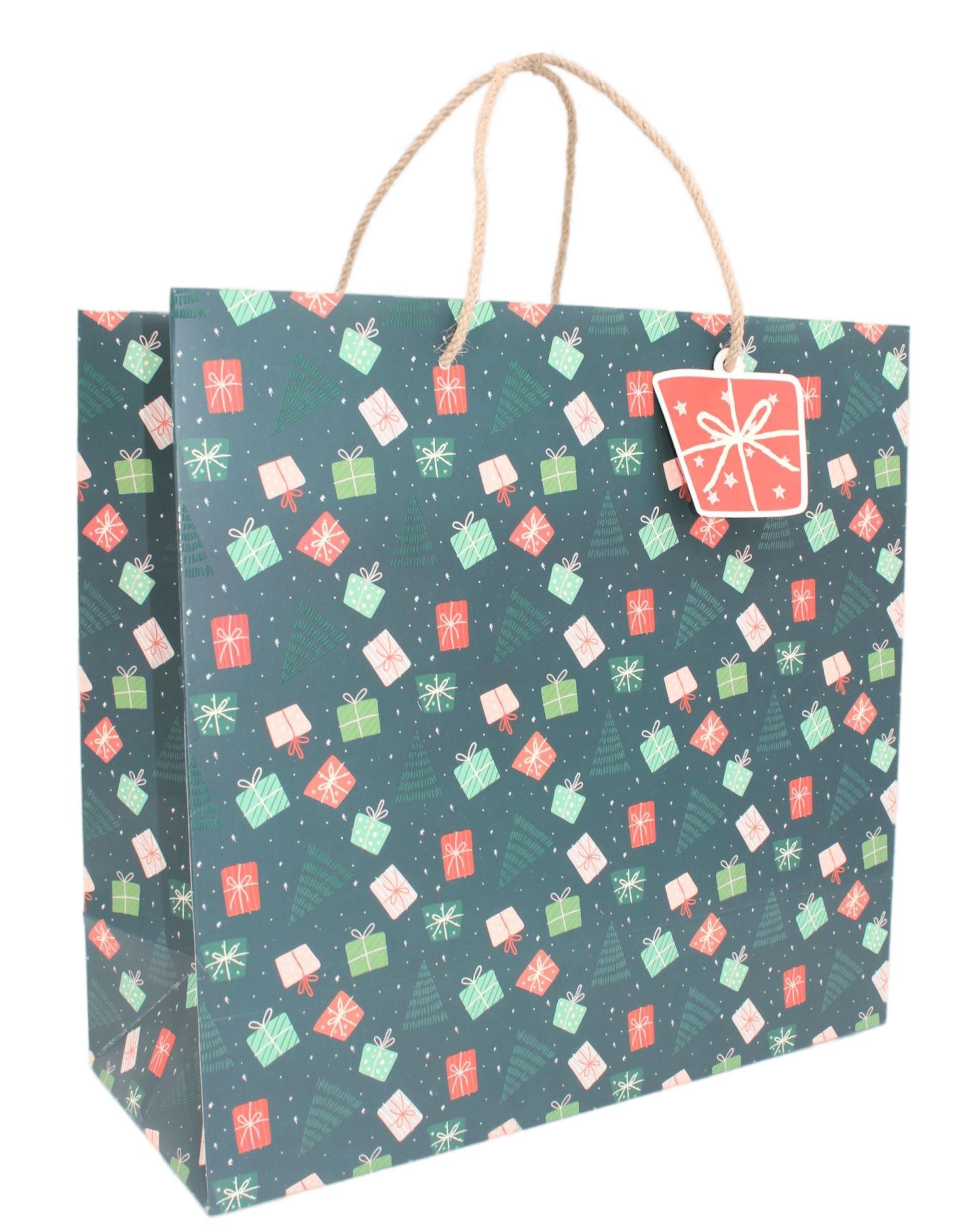 Hediyelik Karton Çanta B5 33cmx32cmx14cm  Yeşil Çam Ağaçlı Hediye Paketli Lüks desenler