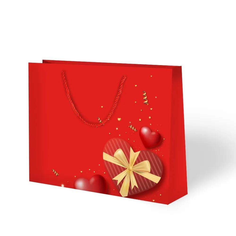 Hediyelık Karton Çanta Kırmızı valentine .42x38x12 kalp Desenli Lüks Çanta