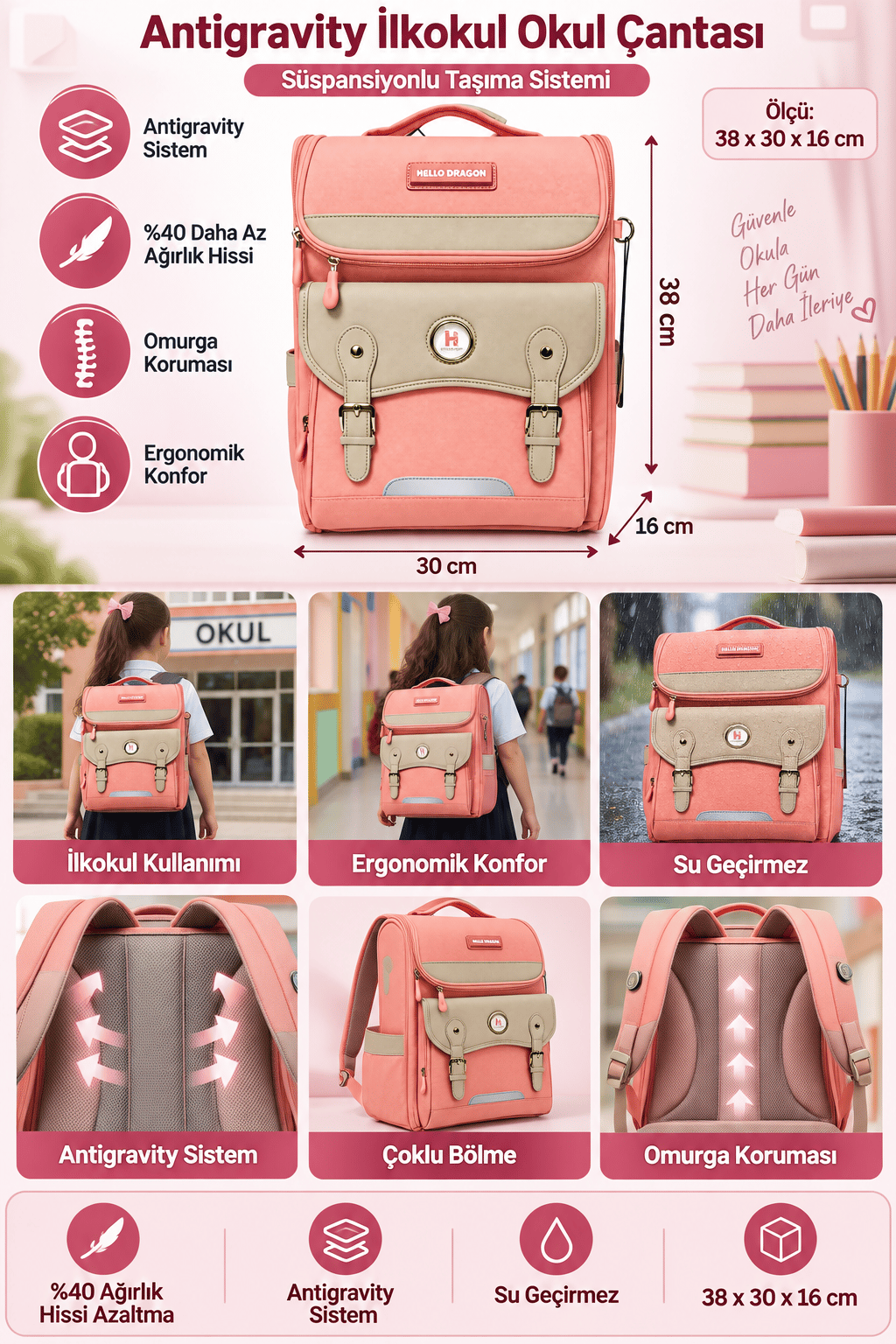 Hello Dragon Okul Çantası Model 13 Pembe CN0034