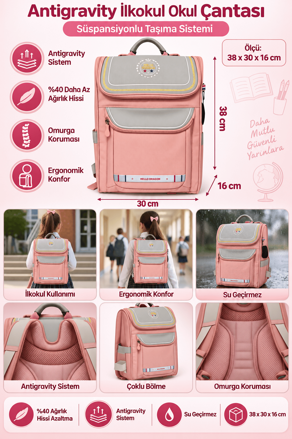 Hello Dragon Okul Çantası Model 14 Pembe CN0037