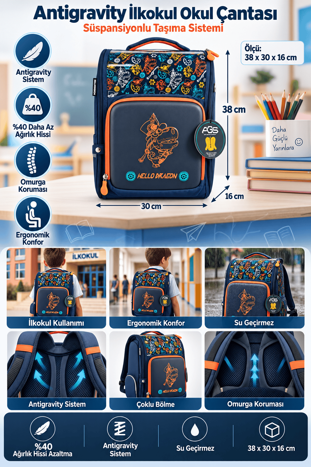 Hello Dragon Okul Çantası Model 7 Blue CN0014