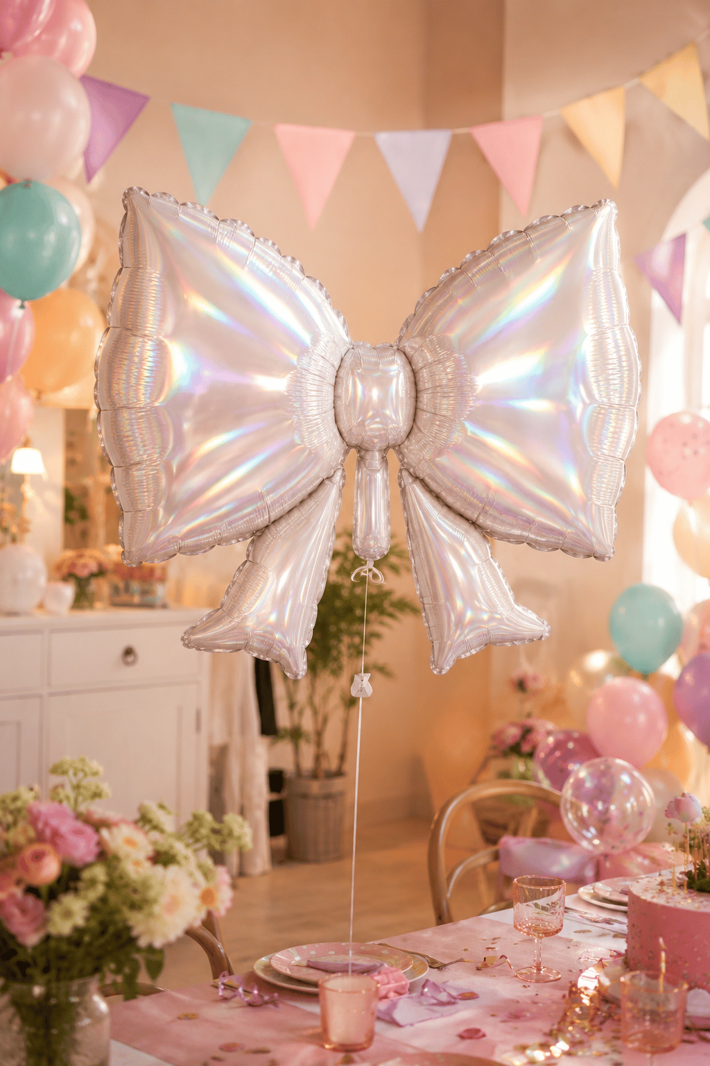 Hologramlı Fiyonk Folyo Balon 92x58 cm Büyük Boy Parti ve Kutlama Süsü