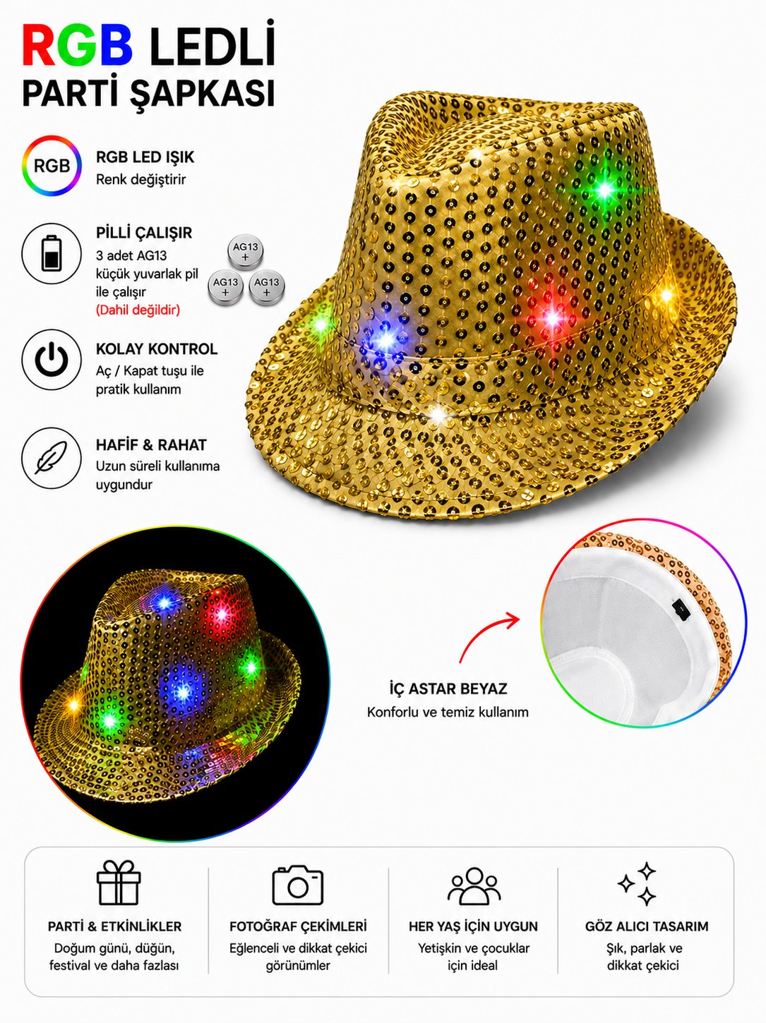 Işıklı Pullu Lüks Gold Altın Fötr Parti Şapkası 58 cm Baş Çevresi Yılbaşı Doğum Günü