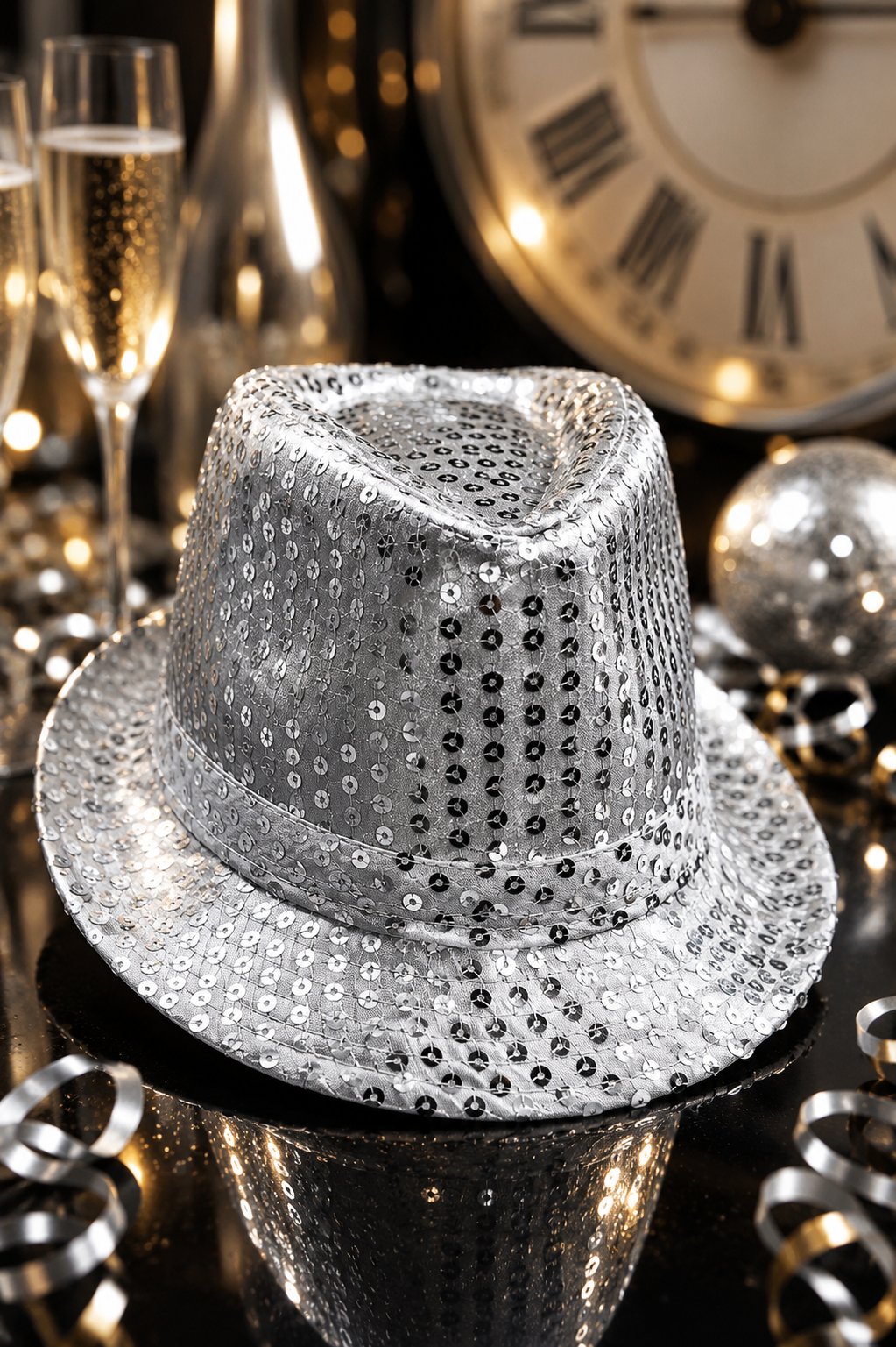 Işıklı Pullu Lüks Gümüş Silver Fötr Parti Şapkası 58 cm Baş Çevresi Yılbaşı Doğum Günü