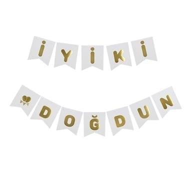 İyiki Doğdun Banner Beyaz renk üstüne Gold altın Varaklı yazı, Karton Doğum Günü Yazısı Flama