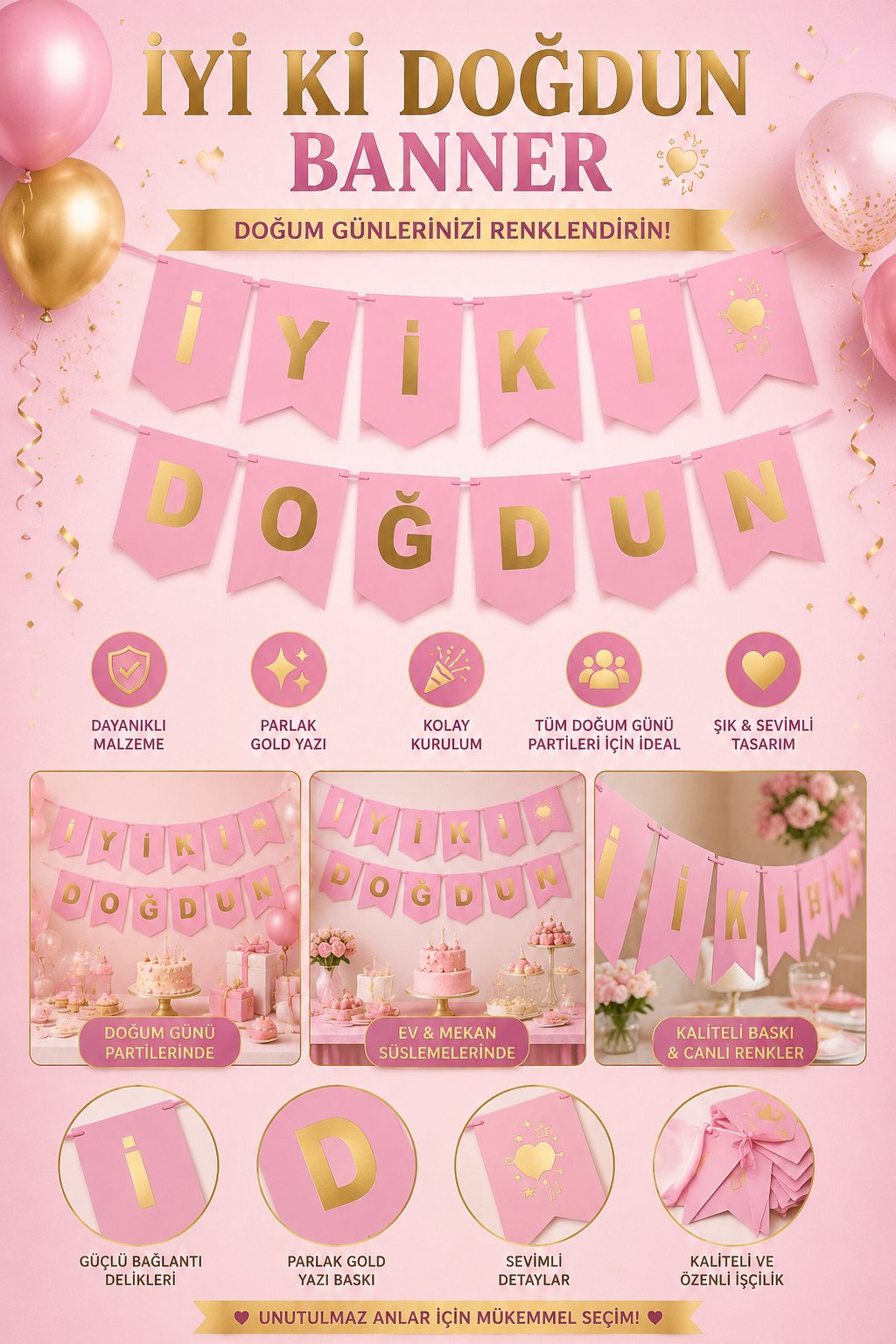 İyiki Doğdun Banner PEMBE yazısı ALTIN 250x17cm