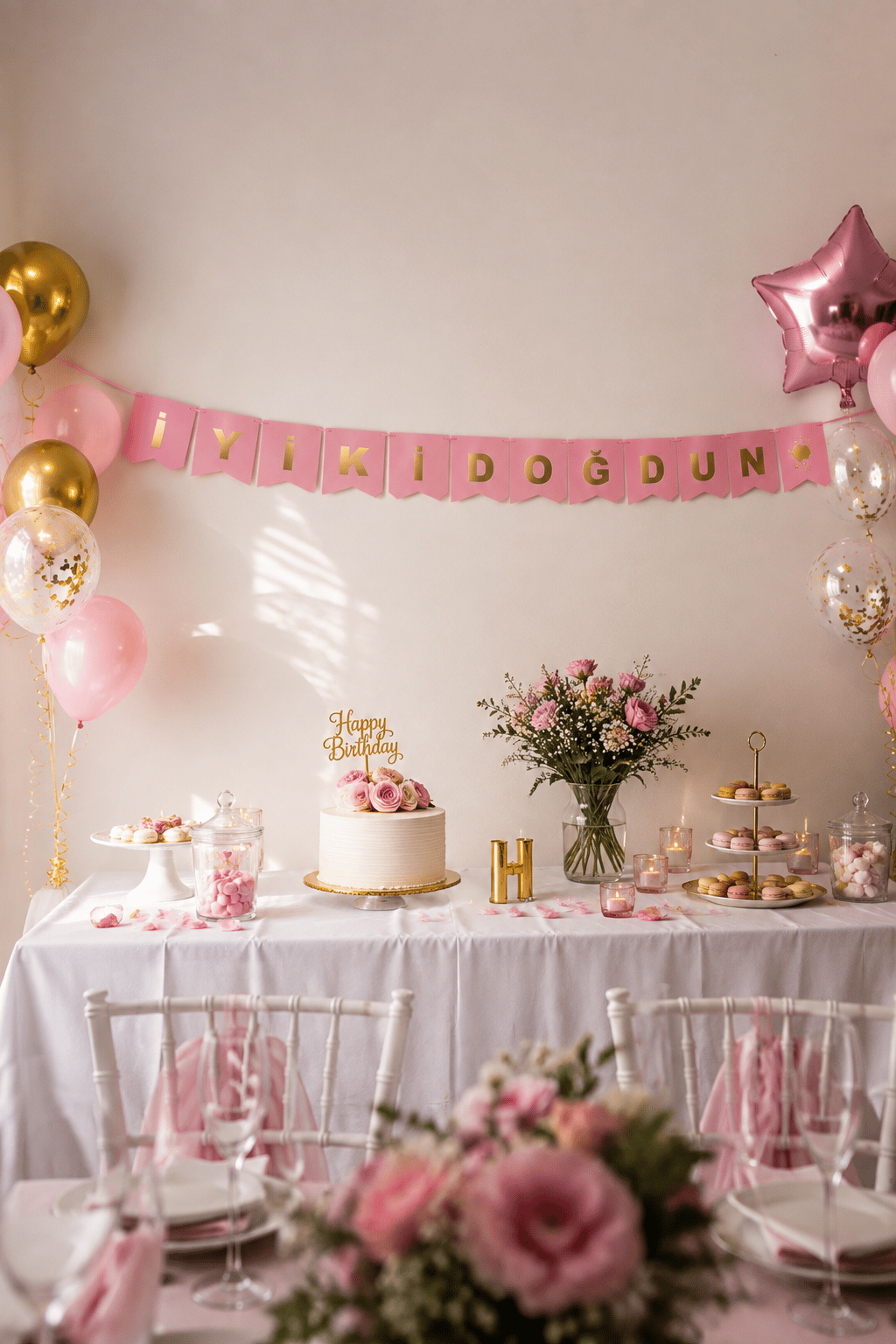 İyiki Doğdun Banner PEMBE yazısı ALTIN 250x17cm