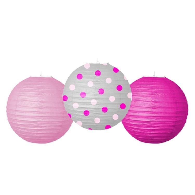 Japon Feneri -Çin Feneri 3lü PEMBE tonları 1i puantiyeli-1 fuşya-1 açık pembe 25cm