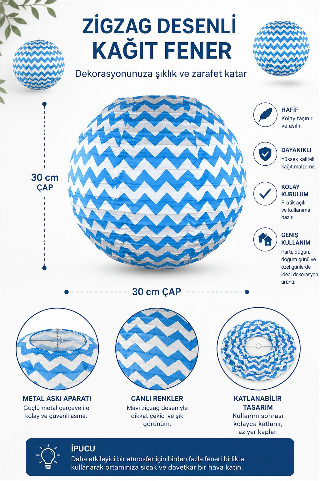 Japon Feneri Zigzag Desenli Kağıt Fener Mavi 30 cm