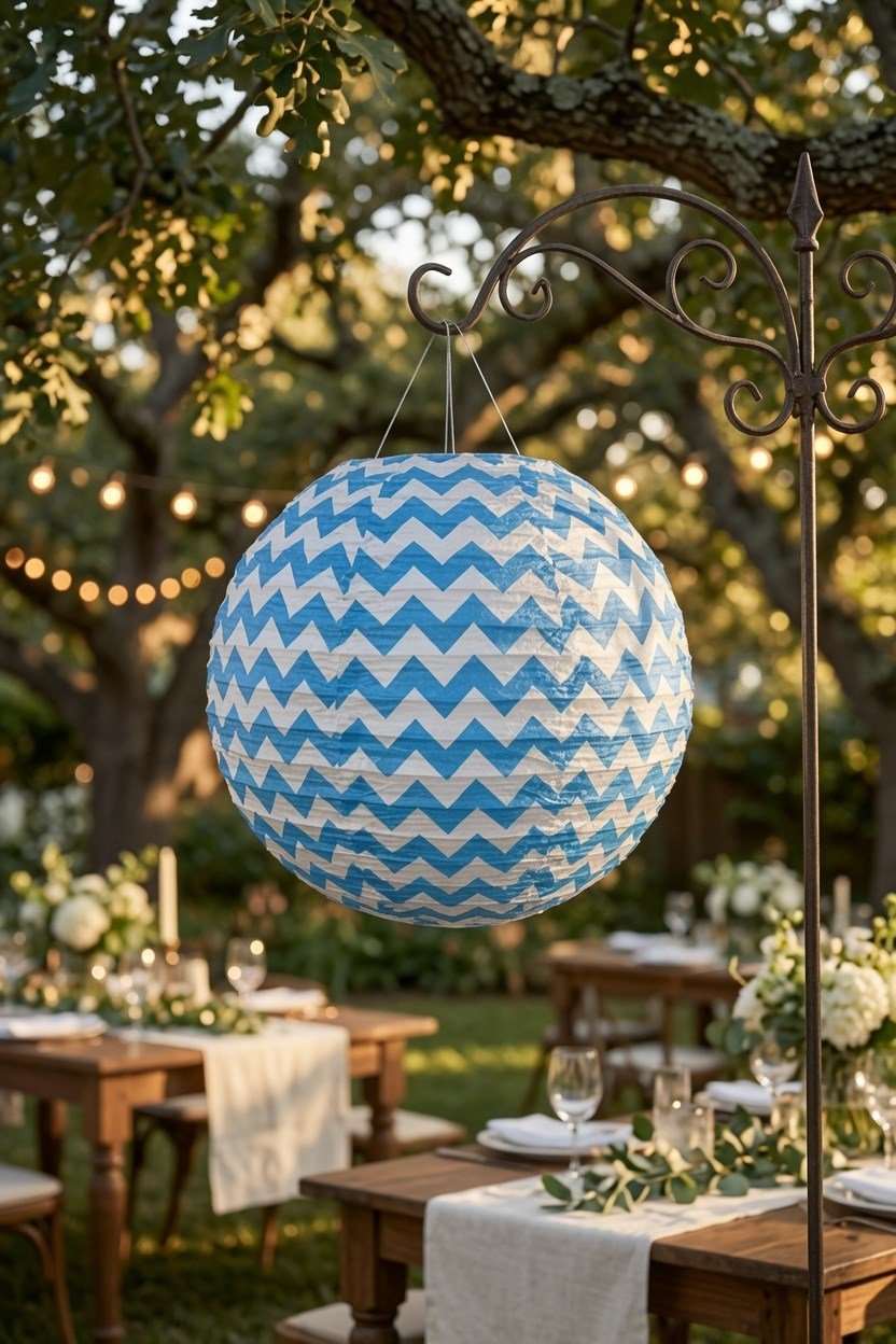 Japon Feneri Zigzag Desenli Kağıt Fener Mavi 30 cm
