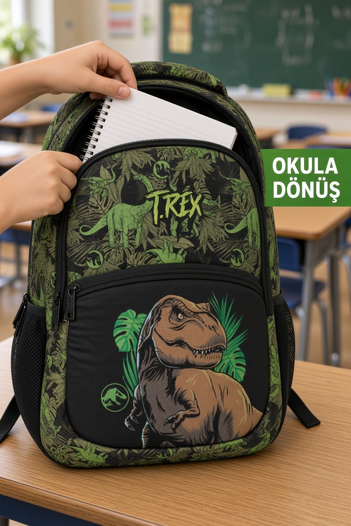Jurassic World Okul Çantası 2131-9 3 BÖLMELİ TREX YEŞİL