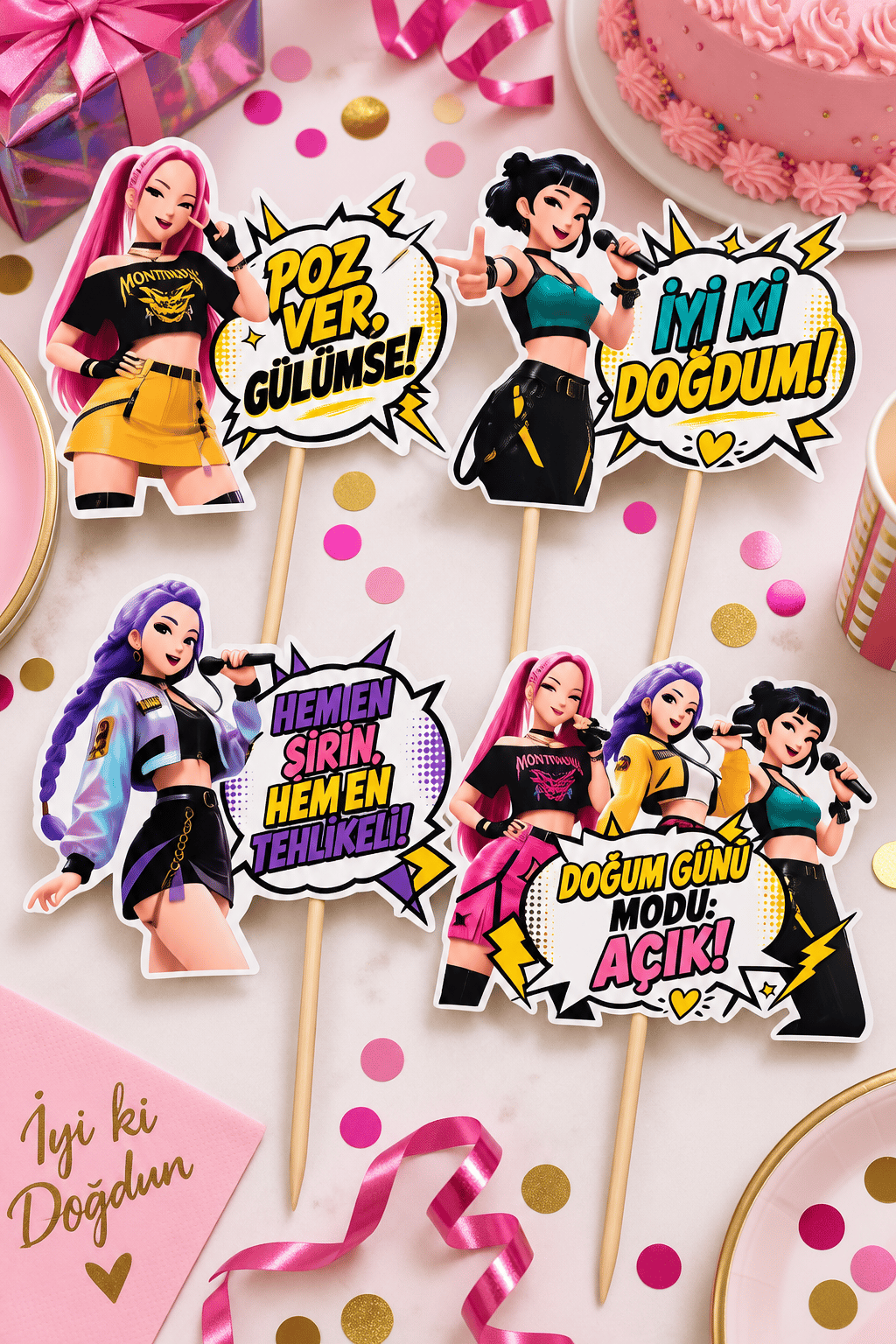 K-POP Demon Hunters Doğum Günü Konuşma balonu Çubukları 4'lü Set