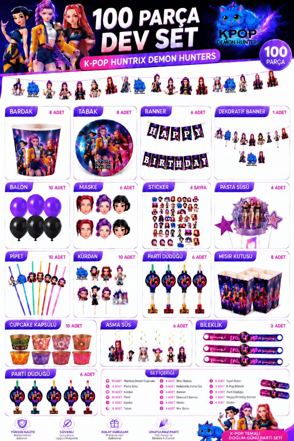 K Pop Huntrix Demon Hunters 100 Parça Dev Doğum Günü Parti Seti Banner Balon Bardak Tabak Süs