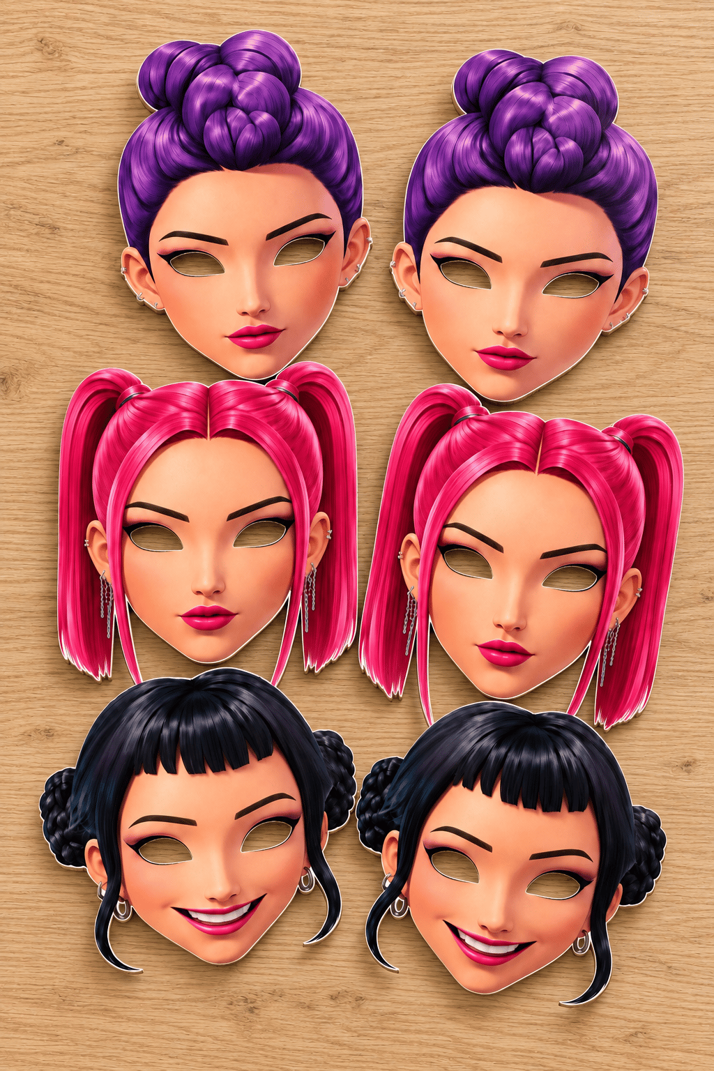 K Pop Huntrix Demon Hunters Model 3 6'lı Karton Maske Parti Maskesi Doğum Günü Kostüm Aksesuarı