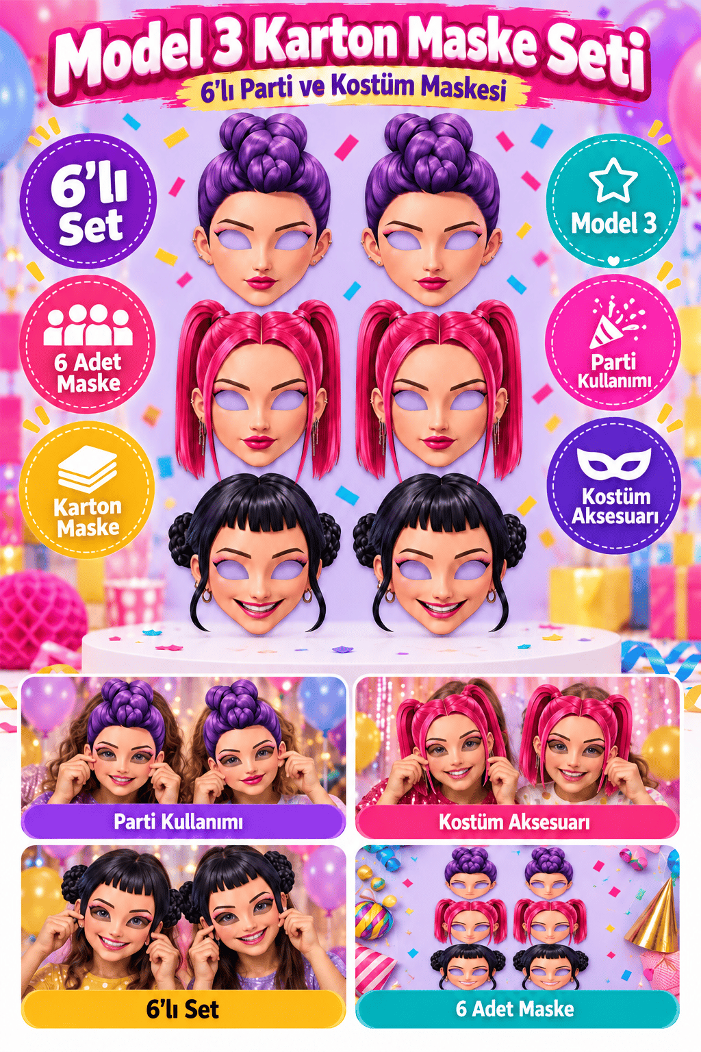 K Pop Huntrix Demon Hunters Model 3 6'lı Karton Maske Parti Maskesi Doğum Günü Kostüm Aksesuarı