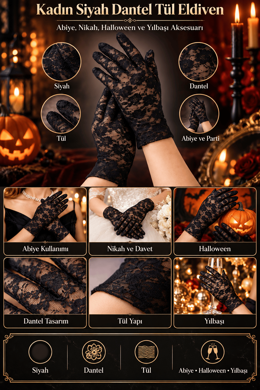 Kadın Siyah Dantel Eldiven – Tül  Abiye Nikah Parti Eldiveni Yılbaşı halloween