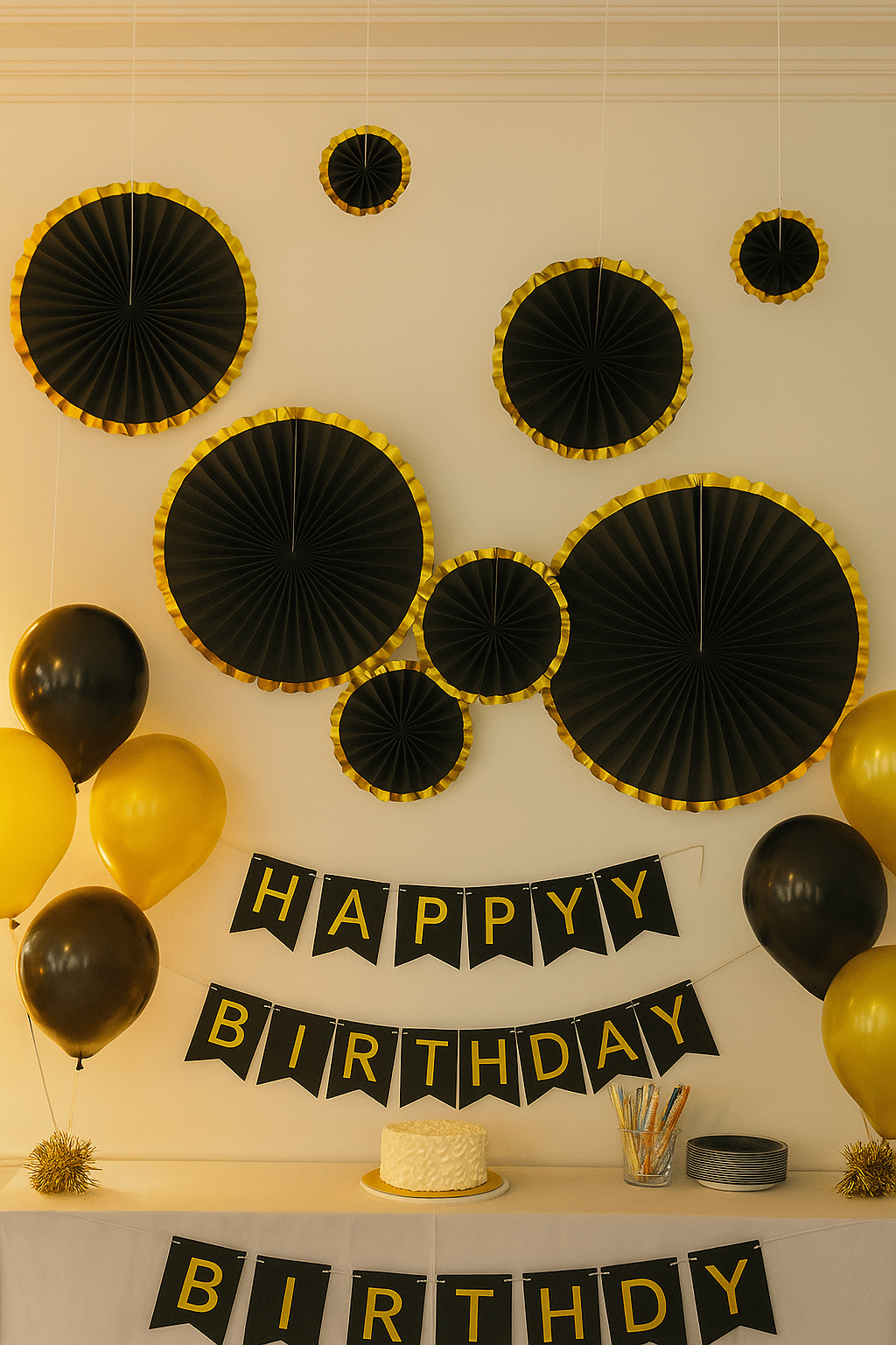 Kağıt Yelpaze Varaklı SİYAH gold kenarlı 6 lı set