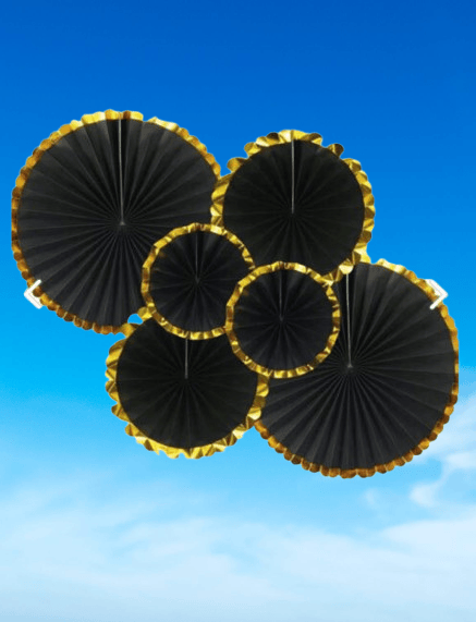 Kağıt Yelpaze Varaklı SİYAH gold kenarlı 6 lı set