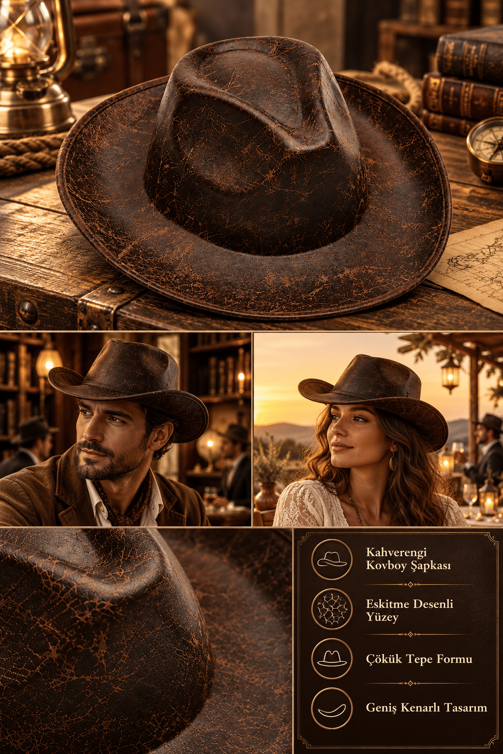Kahverengi İndiana Jones Kovboy Şapkası Western Parti Kostüm Aksesuarı Yetişkin