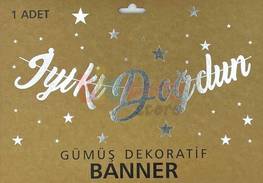 Kaligrafik El yazısı İyi ki Doğdun Gümüş Renkli El yazısı Doğum Dünü Banner 22x60cm