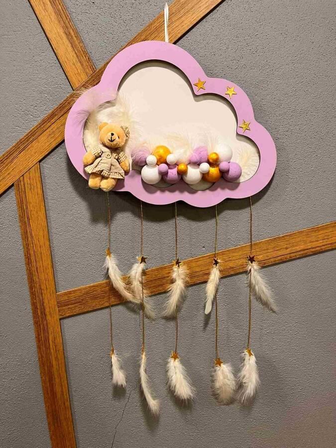 Kapı Süsü Ahşap led ışıklı Bulut Süslü Fuşya-Pembe Kız bebek Kapı Süsü