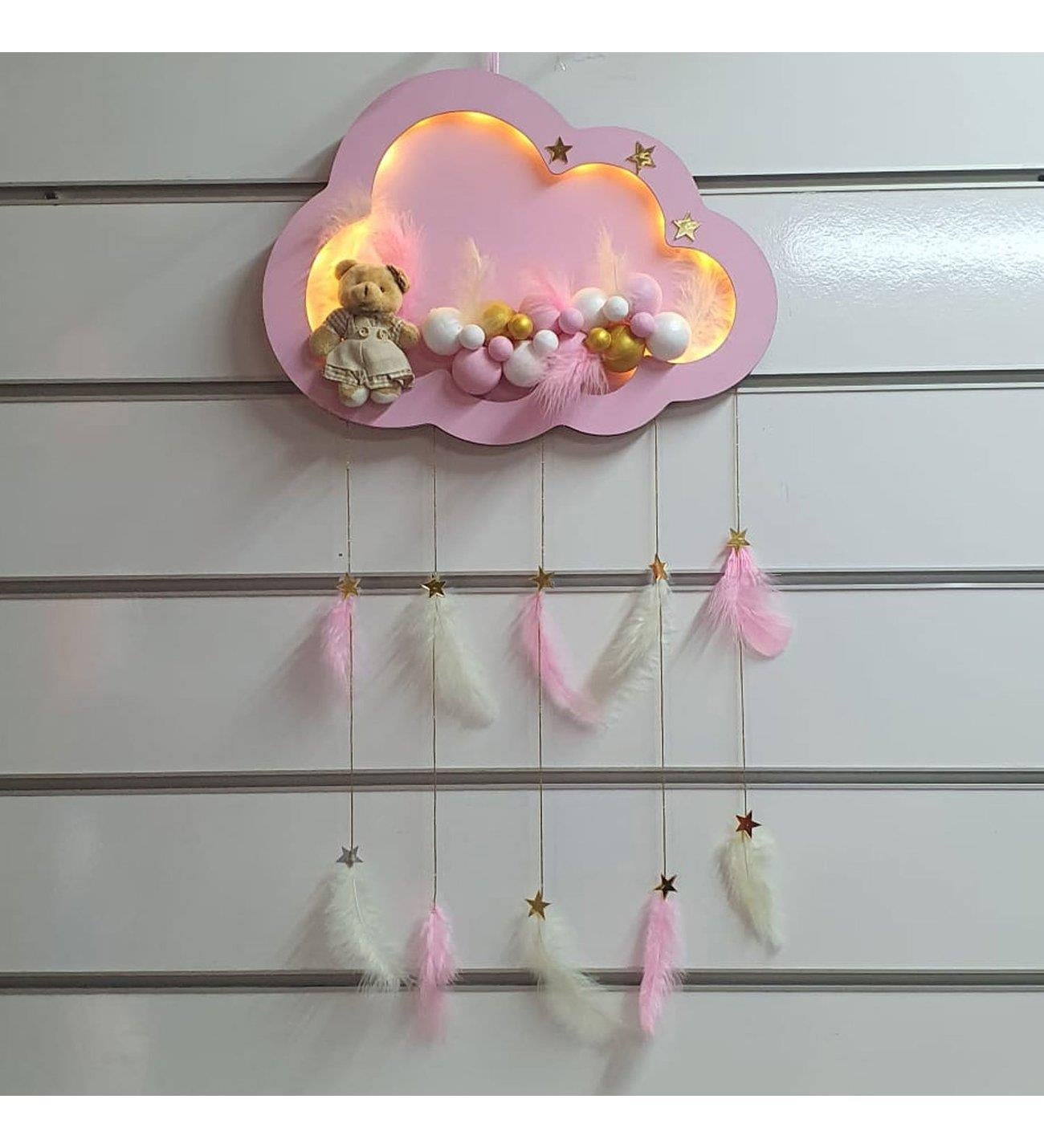 Kapı Süsü Ahşap led ışıklı Bulut Süslü Gri-Pembe Kız bebek Kapı Süsü