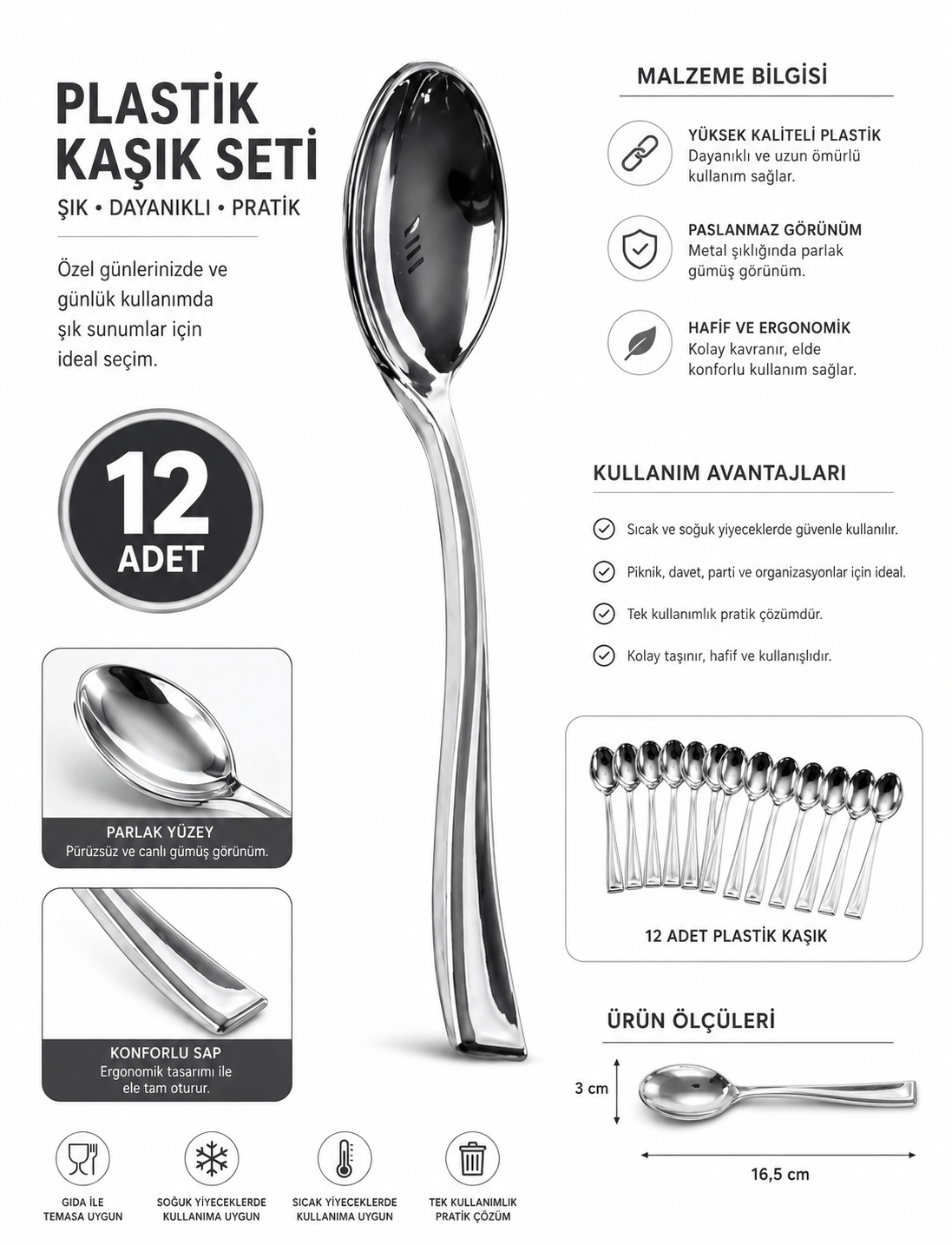 Kaşık Metal Görünümlü 12 Parça Plastik