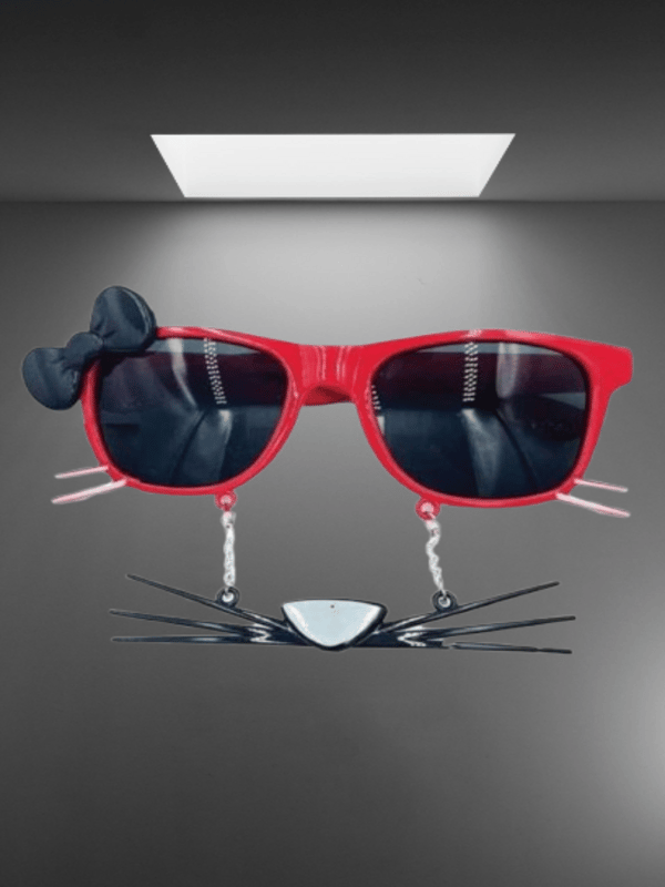 Kedi Model Kırmızı Parti Gözlüğü Fiyonklu Bıyıklı Komik Parti Gözlüğü