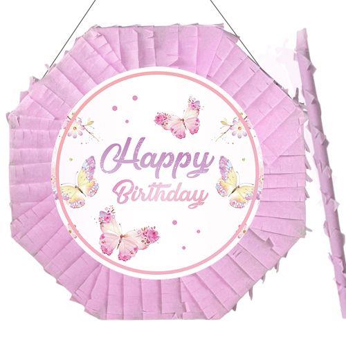 Kelebek desenli Pembe Pinyata happy birthday 42 cm sopalıpembe sopalı